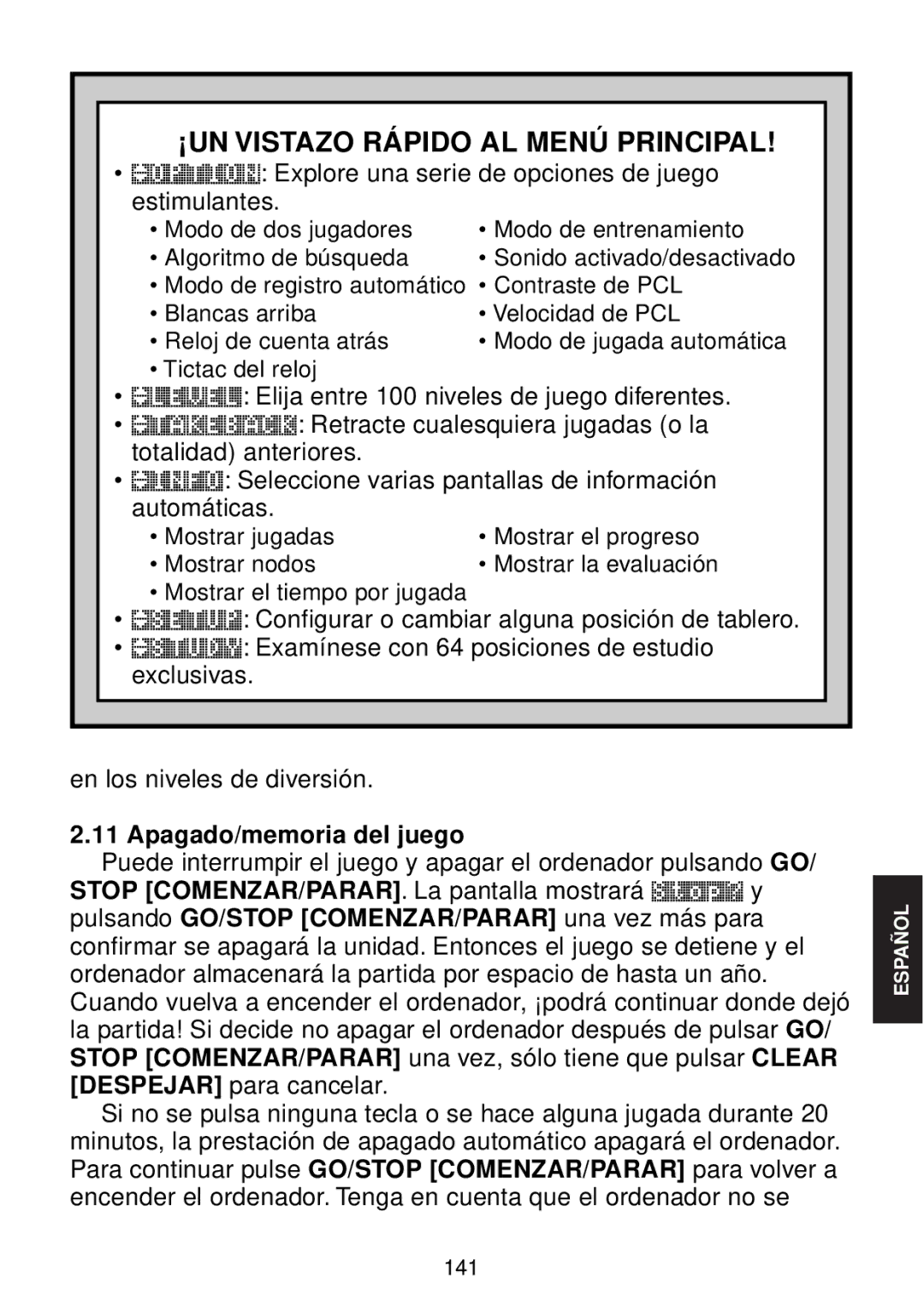 Saitek chess manual ¡UN Vistazo Rápido AL Menú Principal, Apagado/memoria del juego 