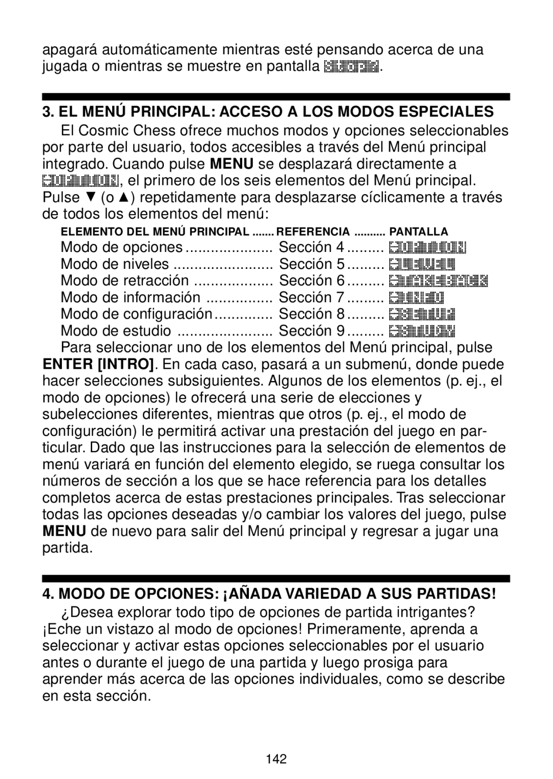 Saitek chess manual EL Menú Principal Acceso a LOS Modos Especiales, Modo DE Opciones ¡AÑADA Variedad a SUS Partidas 