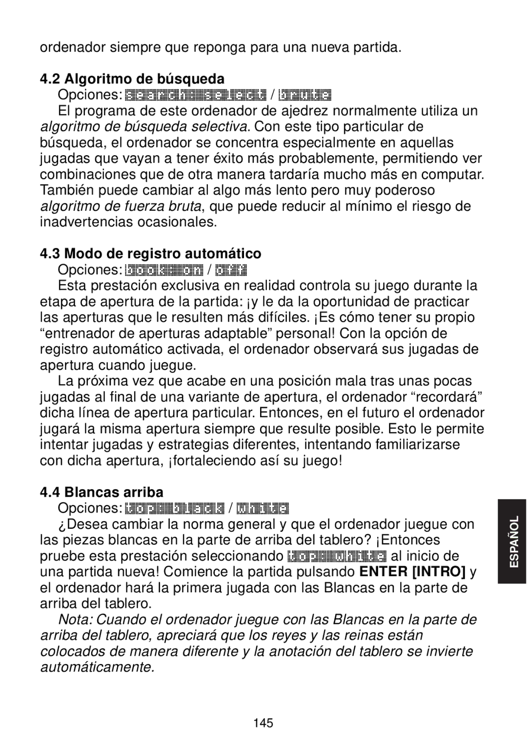 Saitek chess manual Algoritmo de búsqueda, Blancas arriba 