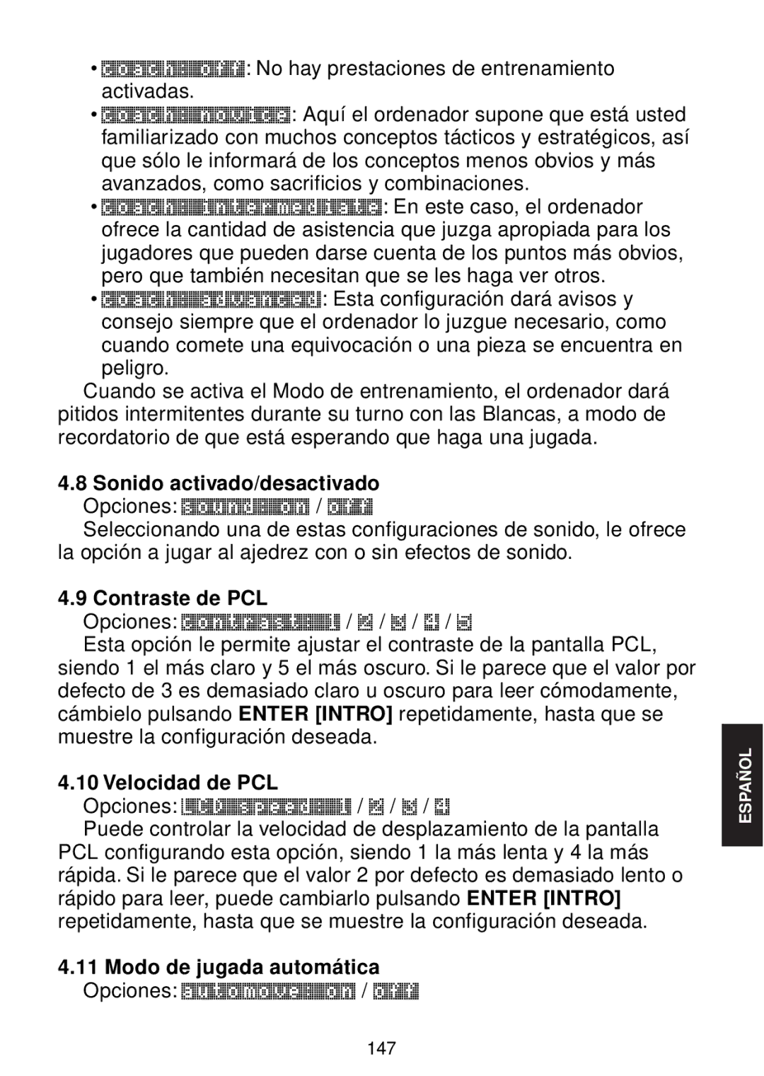 Saitek chess manual Sonido activado/desactivado Opciones sound on / off, Contraste de PCL, Velocidad de PCL 