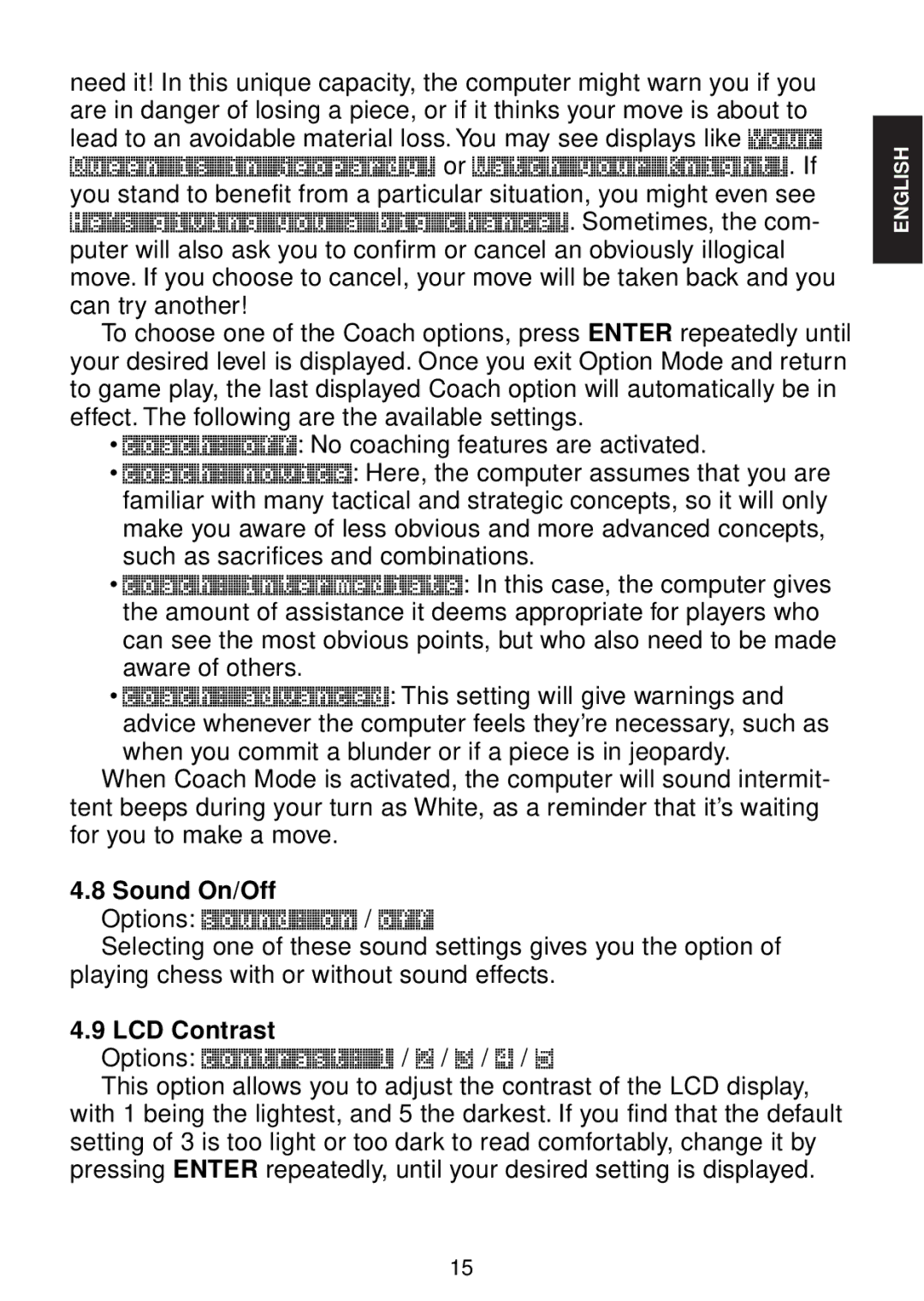 Saitek chess manual Sound On/Off, LCD Contrast 