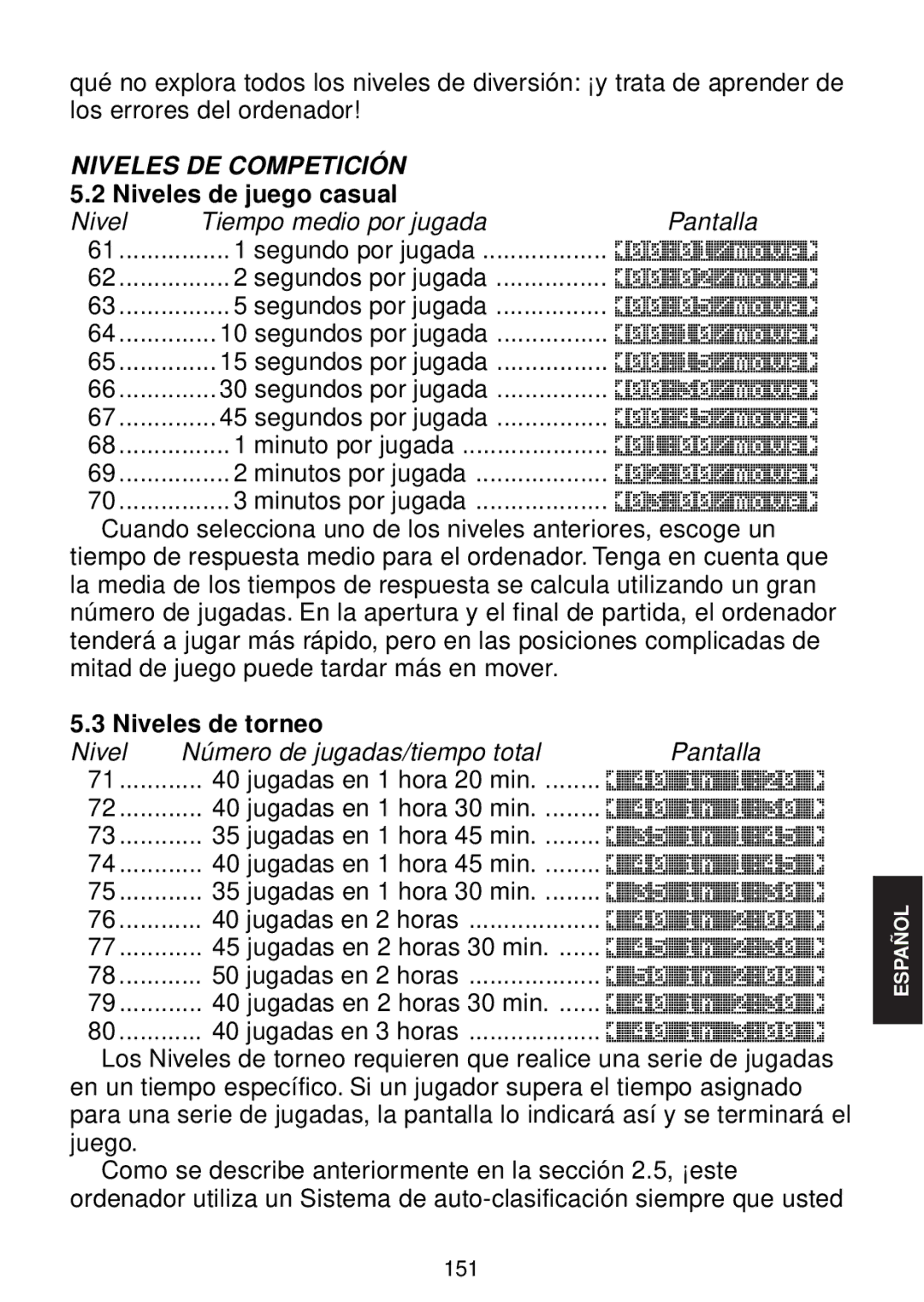 Saitek chess manual Niveles de juego casual, Niveles de torneo 