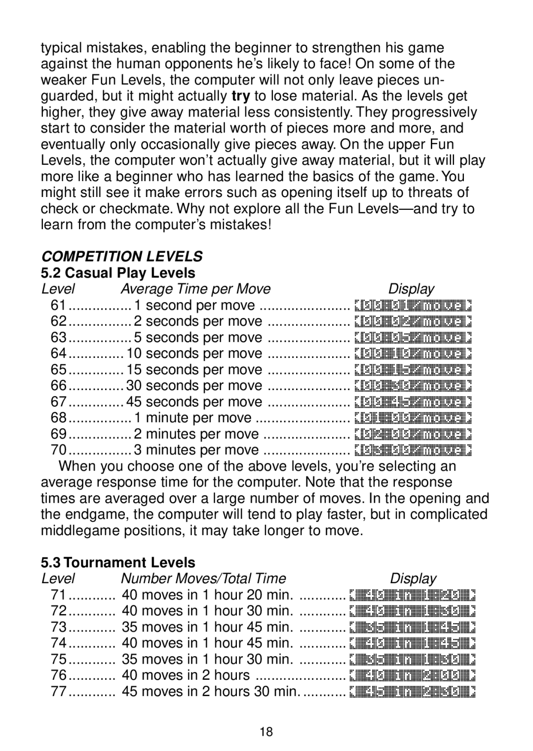 Saitek chess manual Casual Play Levels, Tournament Levels 