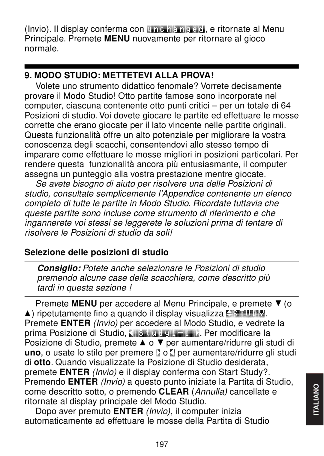 Saitek chess manual Modo Studio Mettetevi Alla Prova, Selezione delle posizioni di studio 