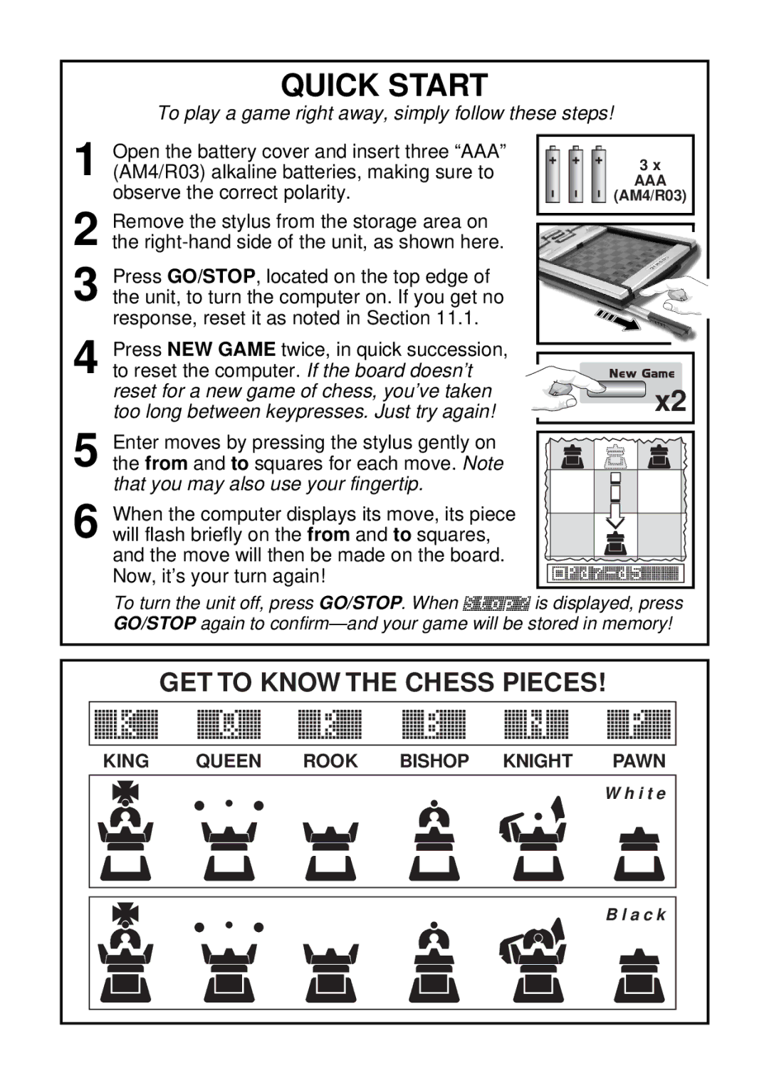 Saitek chess manual Quick Start, GET to Know the Chess Pieces 