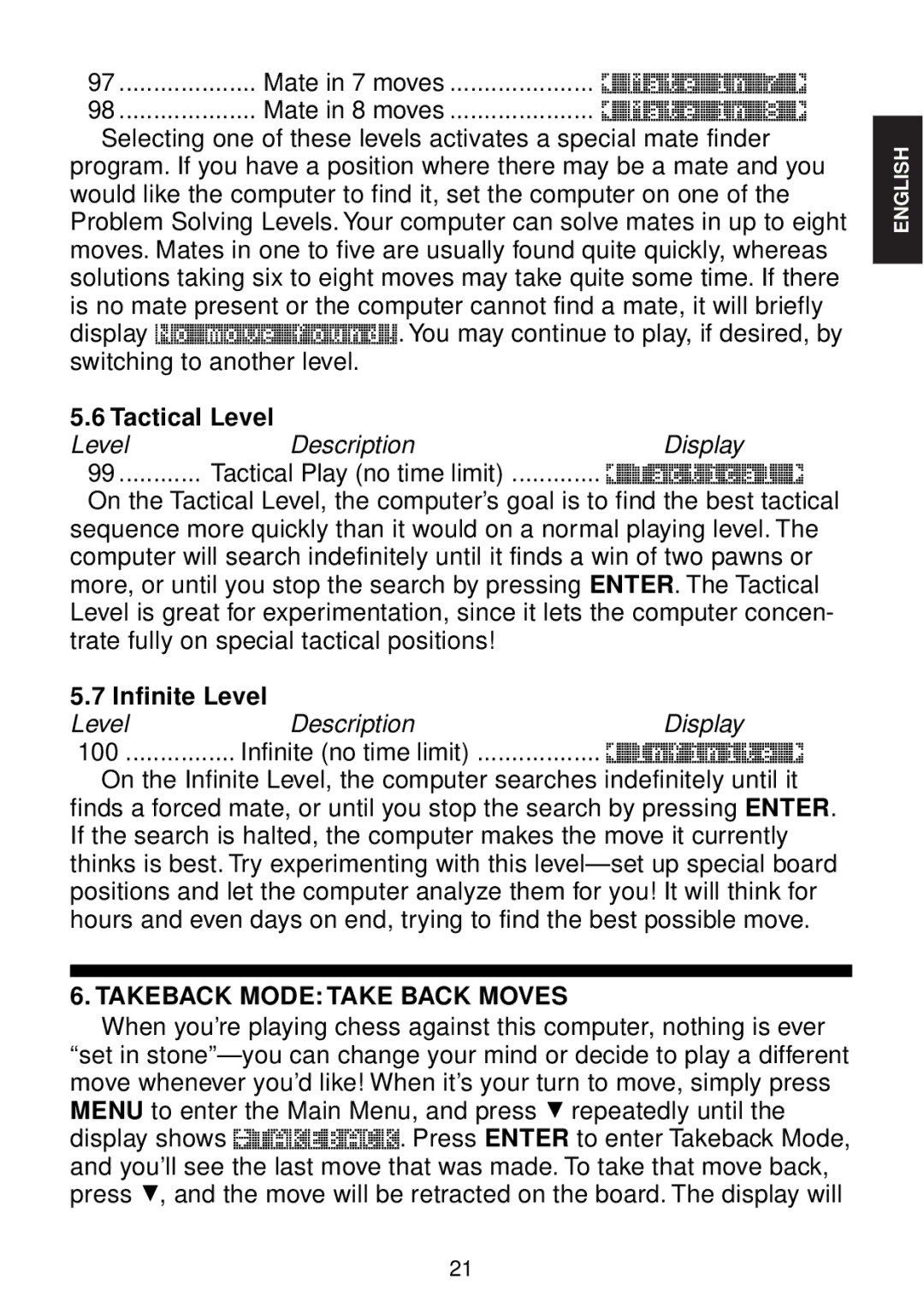 Saitek chess manual Tactical Level, Infinite Level, Takeback Mode Take Back Moves 