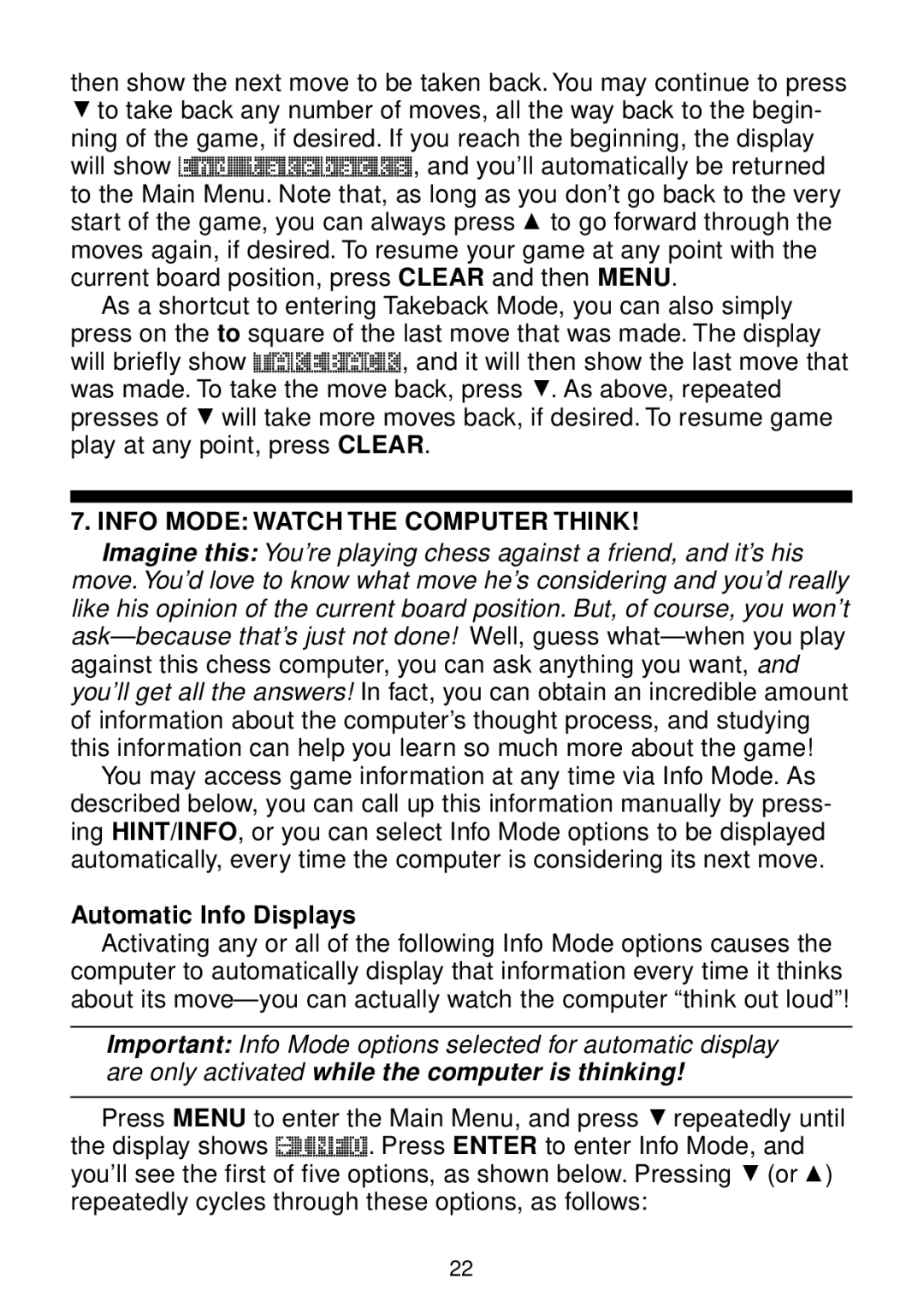 Saitek chess manual Info Mode Watch the Computer Think, Automatic Info Displays 