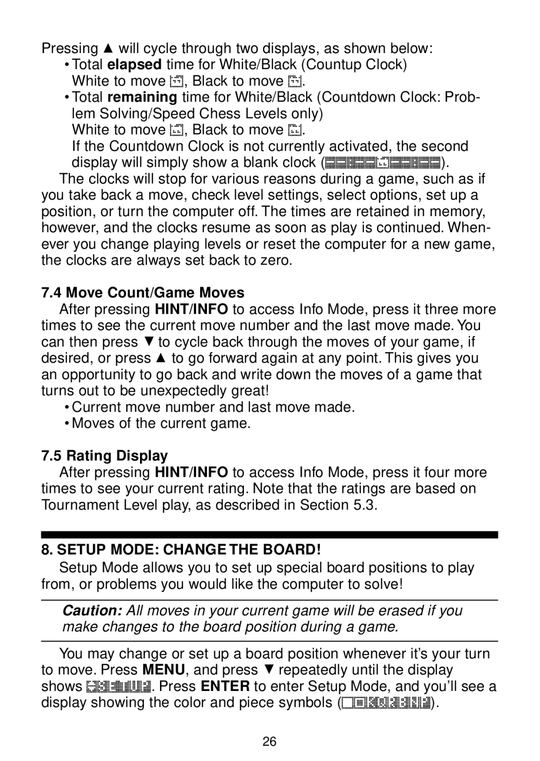 Saitek chess manual Move Count/Game Moves, Rating Display, Setup Mode Change the Board 