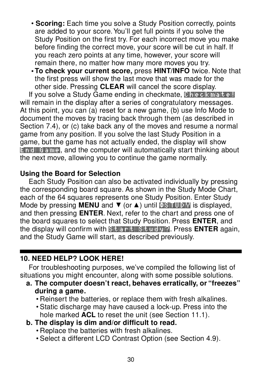 Saitek chess manual Using the Board for Selection, Need HELP? Look Here, Display is dim and/or difficult to read 