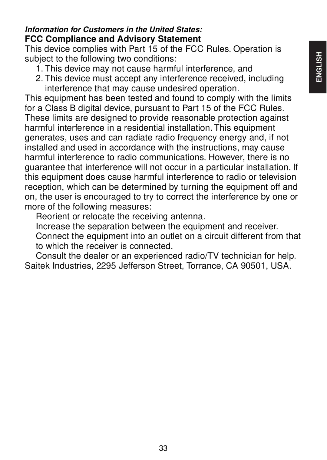 Saitek chess manual FCC Compliance and Advisory Statement 