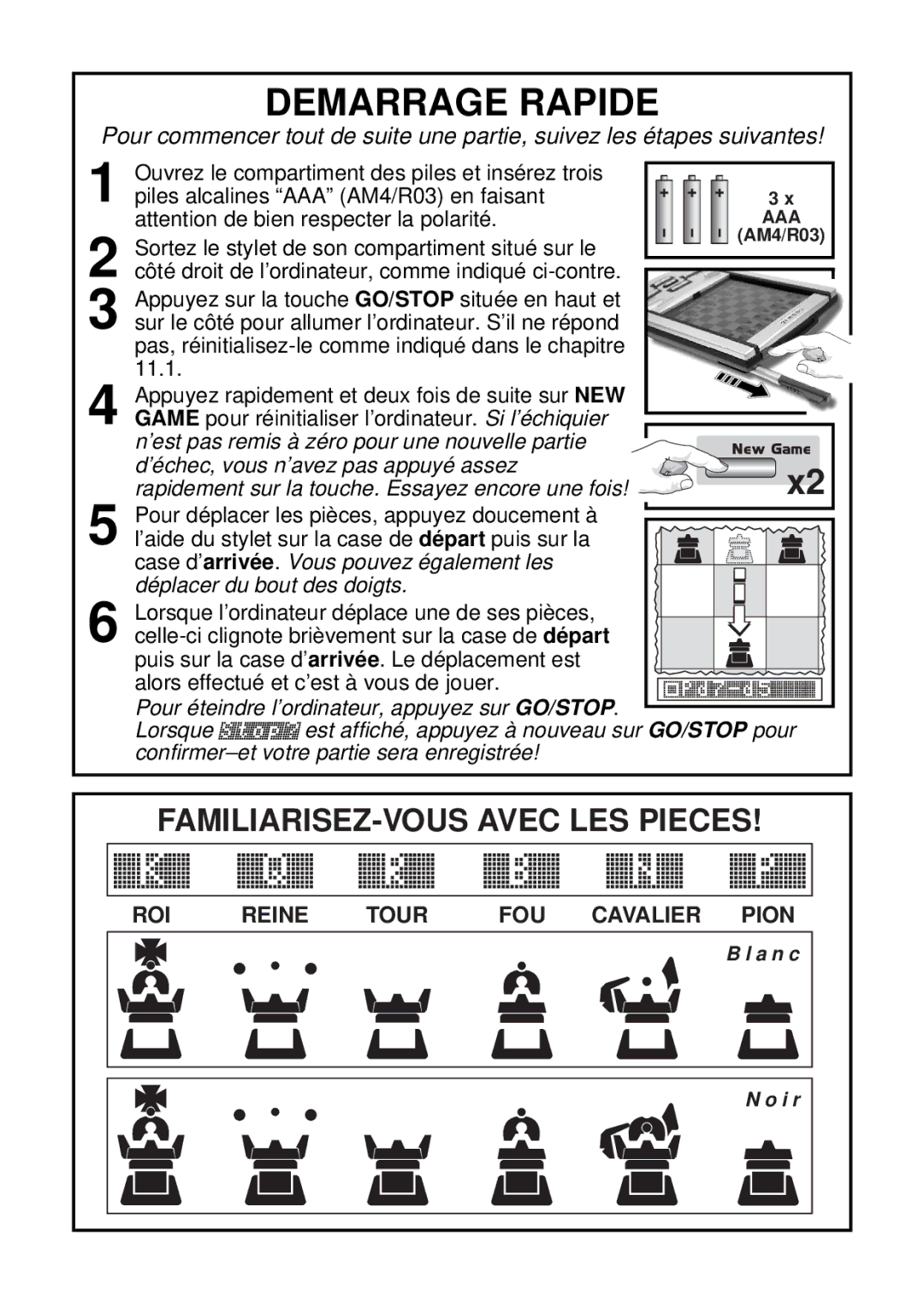 Saitek chess manual Demarrage Rapide, FAMILIARISEZ-VOUS Avec LES Pieces 