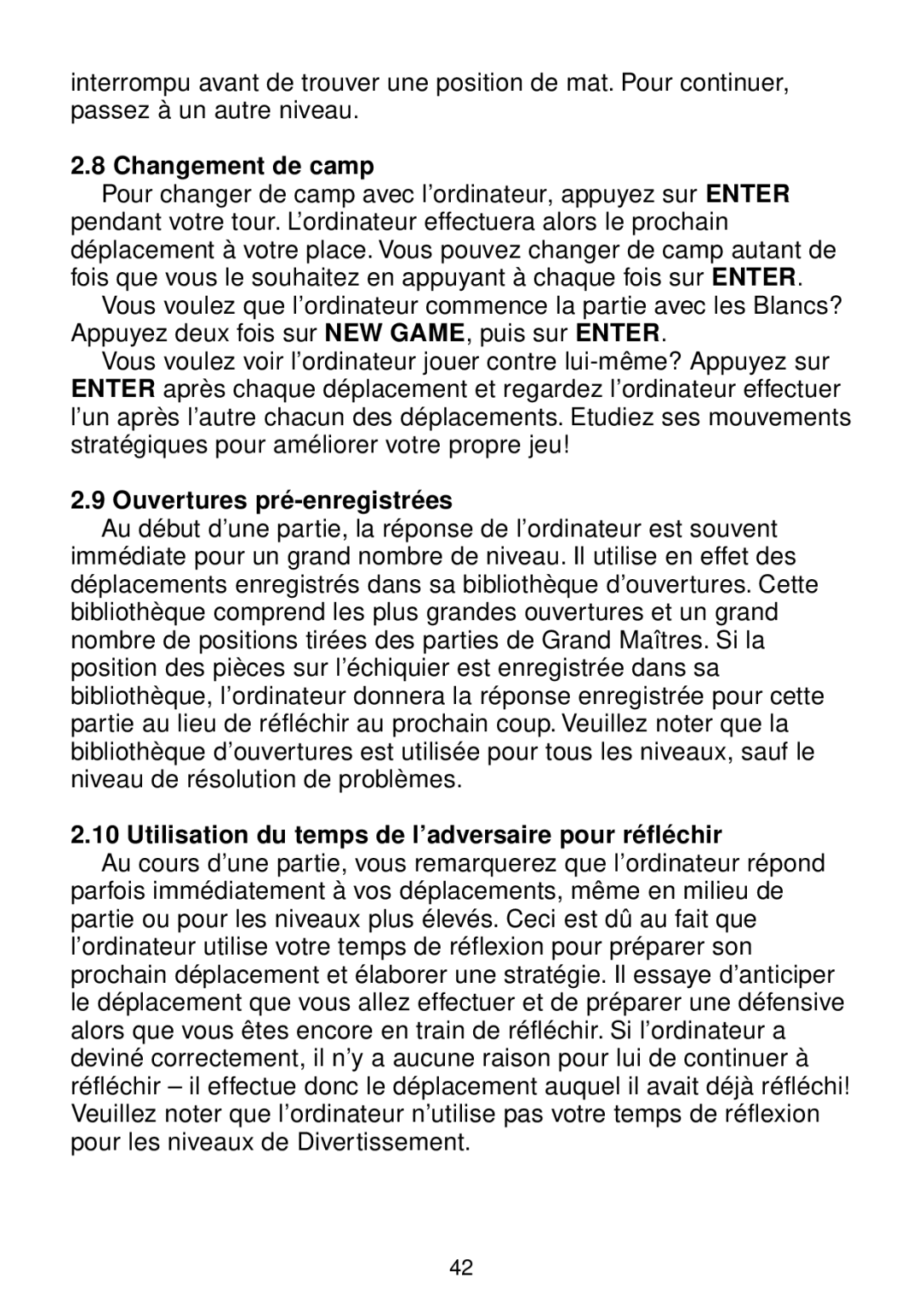 Saitek chess manual Changement de camp, Ouvertures pré-enregistrées, Utilisation du temps de l’adversaire pour réfléchir 