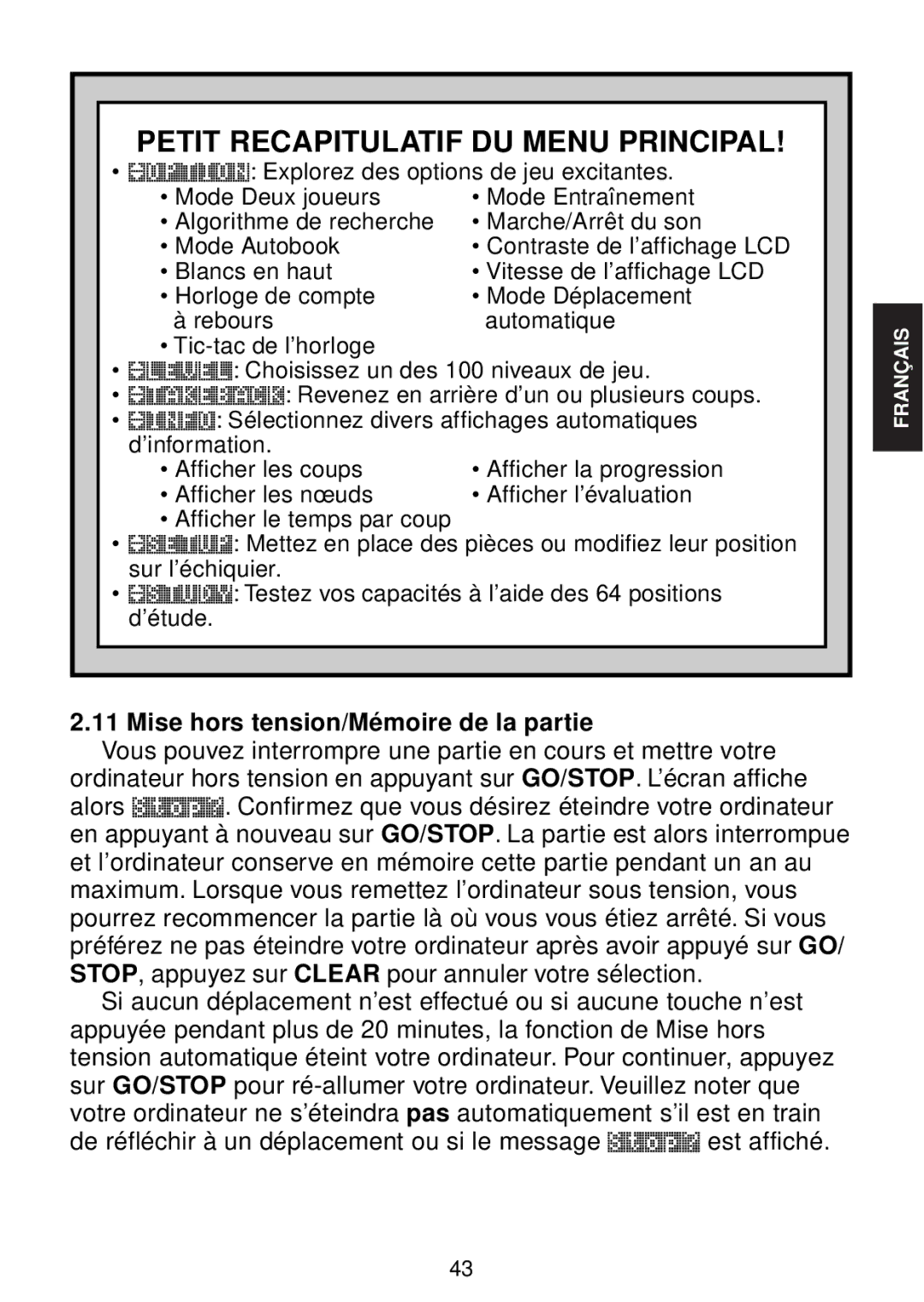 Saitek chess manual Petit Recapitulatif DU Menu Principal, Mise hors tension/Mémoire de la partie 