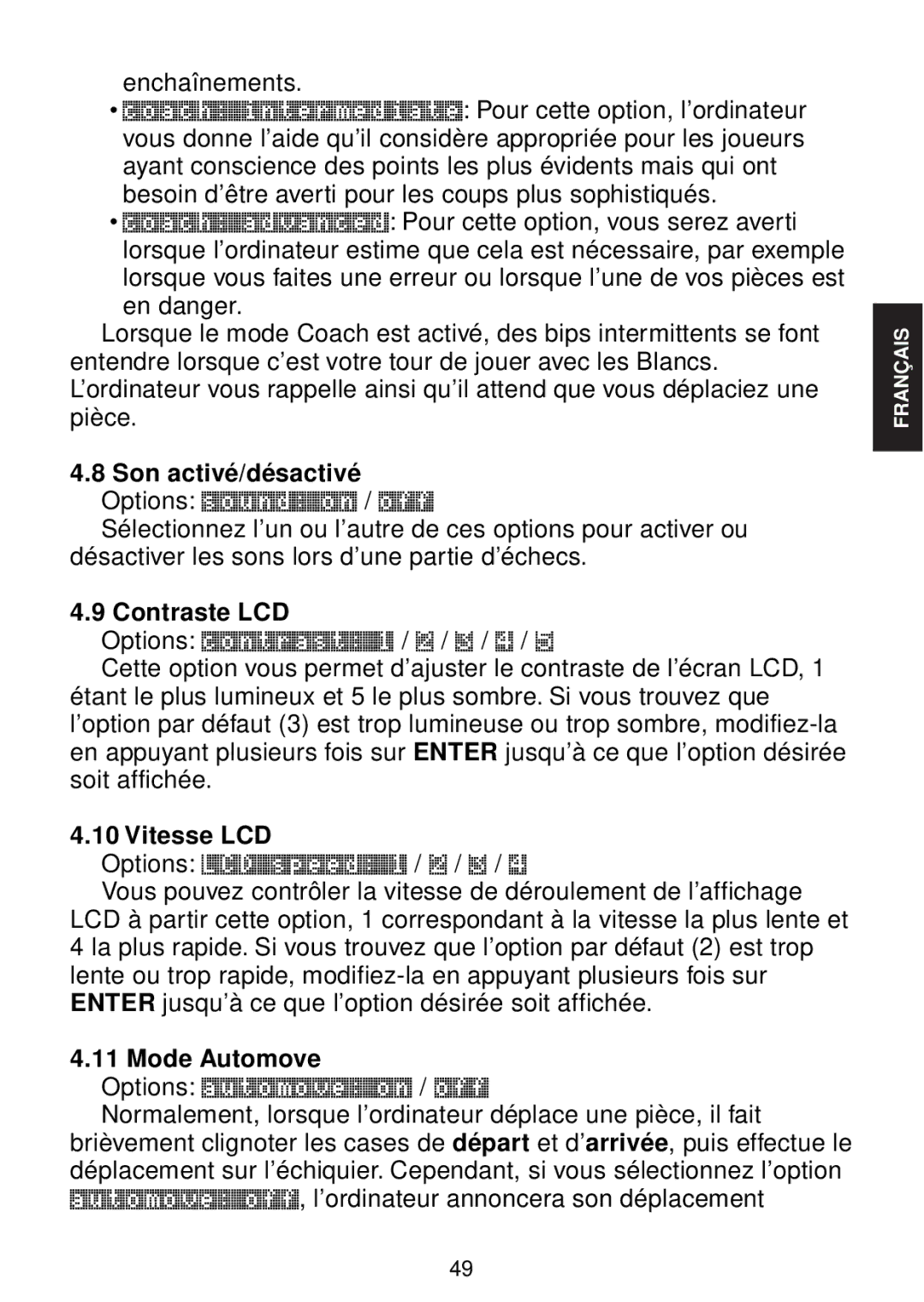 Saitek chess manual Son activé/désactivé Options sound on / off, Contraste LCD, Vitesse LCD, Mode Automove 