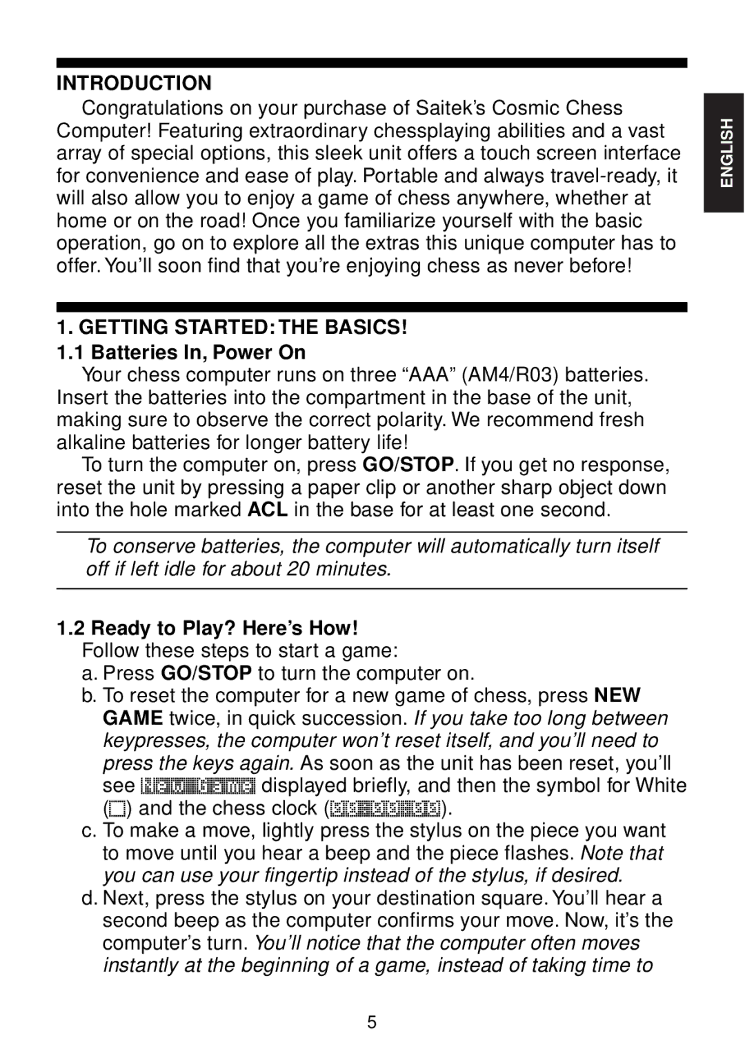 Saitek chess manual Introduction, Getting Started the BASICS! 1.1 Batteries In, Power On 