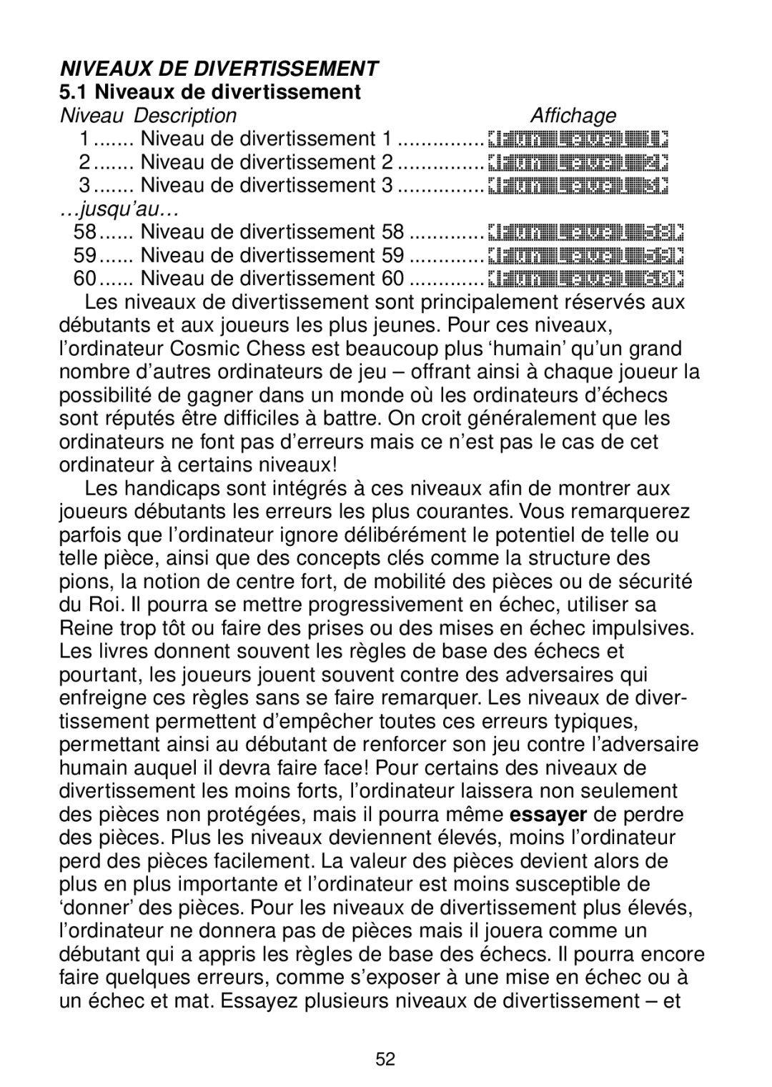 Saitek chess manual Niveaux de divertissement, Niveau Description Affichage Niveau de divertissement 