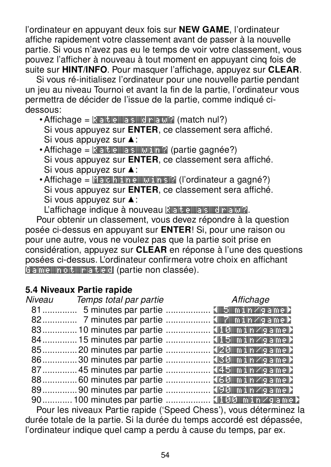 Saitek chess manual Niveaux Partie rapide, Niveau Temps total par partie Affichage Minutes par partie 