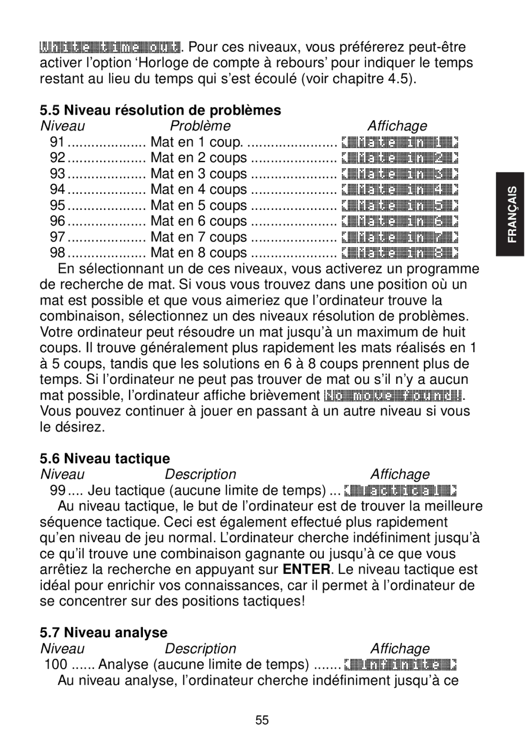 Saitek chess manual Niveau résolution de problèmes, Niveau tactique, Niveau analyse 