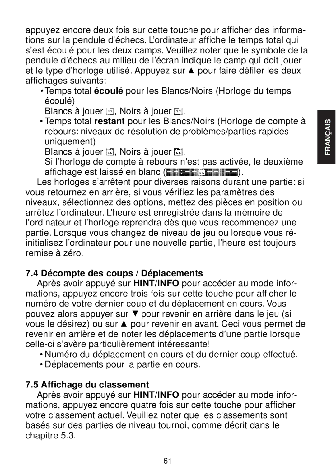 Saitek chess manual Décompte des coups / Déplacements, Affichage du classement 