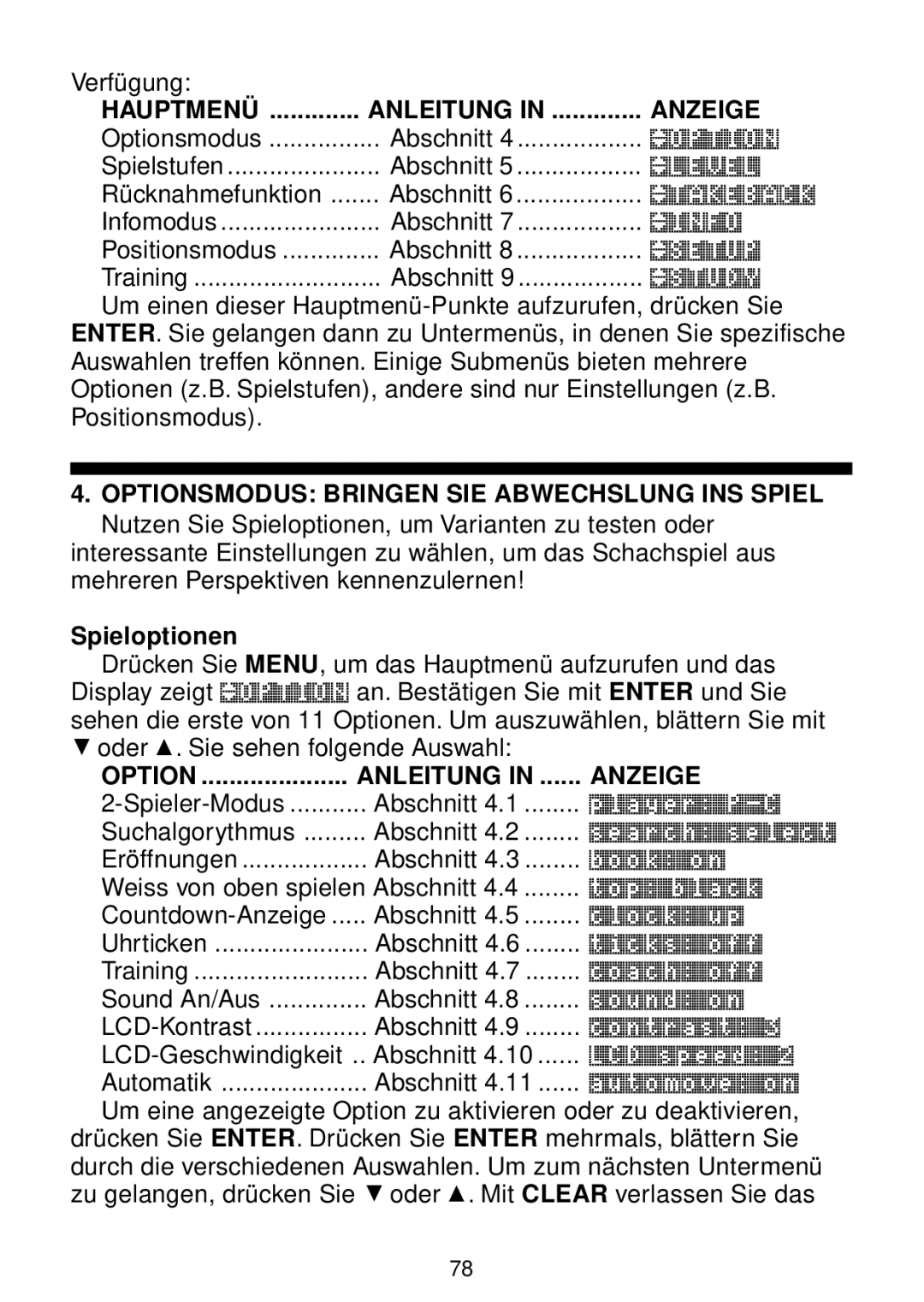 Saitek chess manual Hauptmenü Anleitung Anzeige, Optionsmodus Bringen SIE Abwechslung INS Spiel, Spieloptionen 