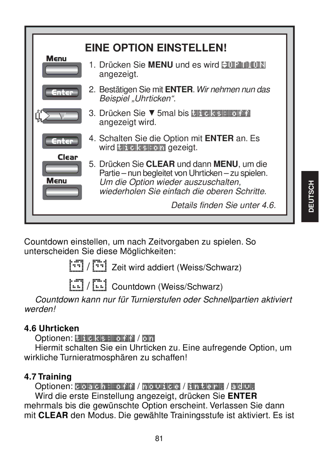 Saitek chess manual Eine Option Einstellen, Details finden Sie unter, Uhrticken, Training 