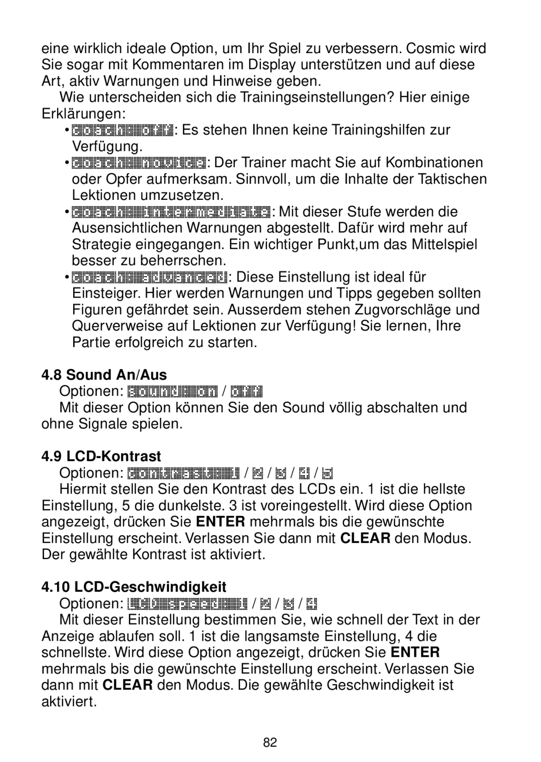 Saitek chess manual Sound An/Aus, LCD-Kontrast, LCD-Geschwindigkeit 