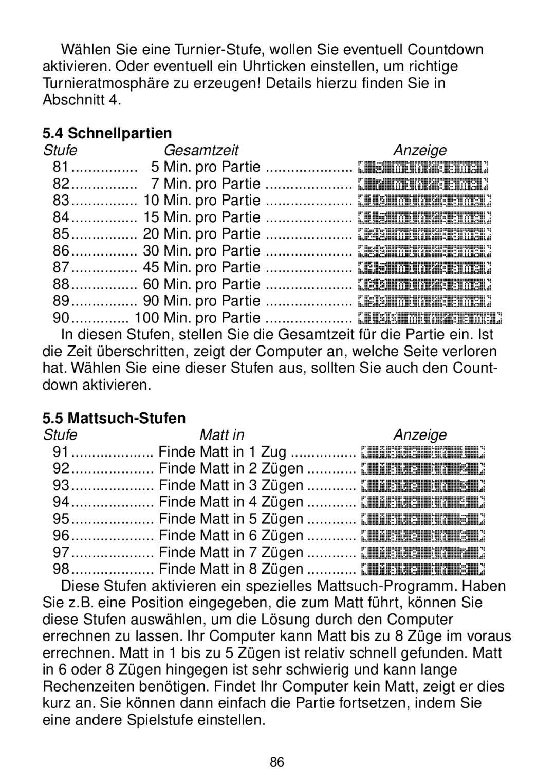 Saitek chess manual Schnellpartien, Mattsuch-Stufen 