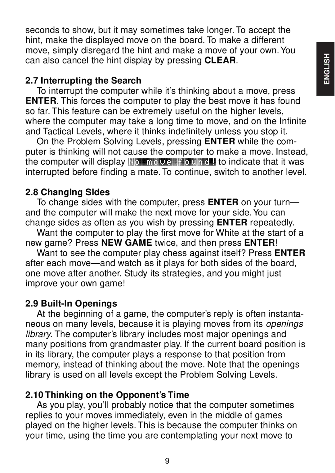 Saitek chess manual Interrupting the Search, Changing Sides, Built-In Openings, Thinking on the Opponent’s Time 