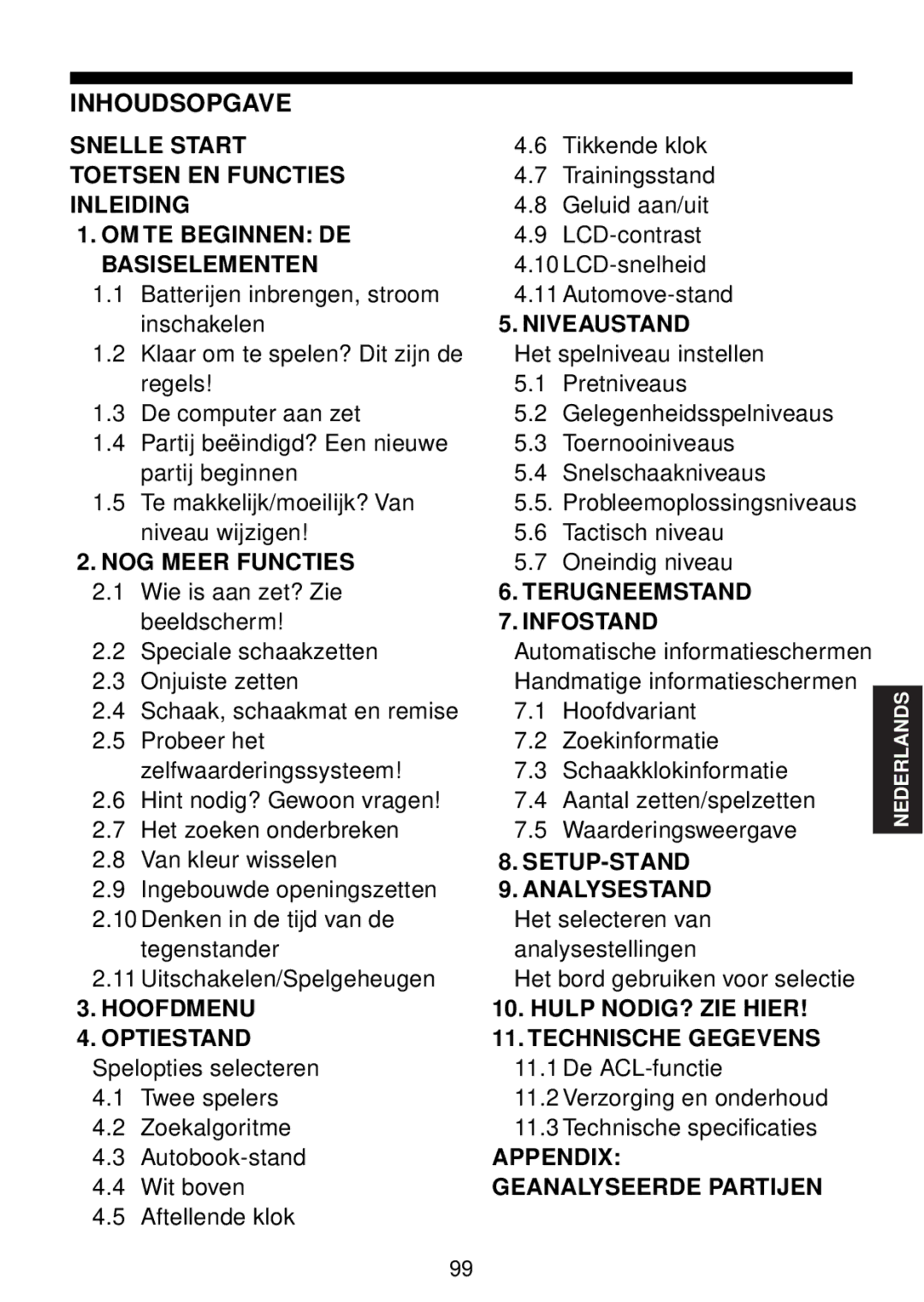 Saitek chess manual Inhoudsopgave, Niveaustand 