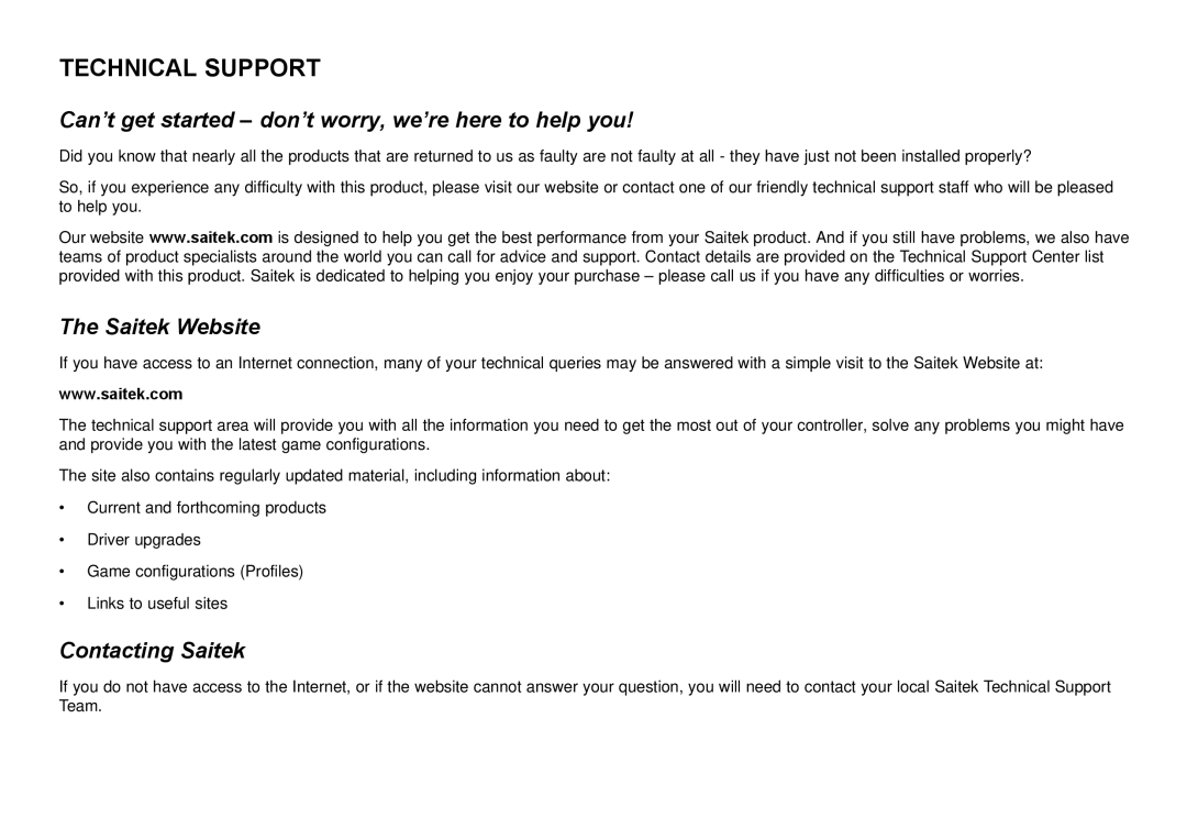 Saitek Cyborg 3D user manual Technical Support, Can’t get started don’t worry, we’re here to help you, Saitek Website 