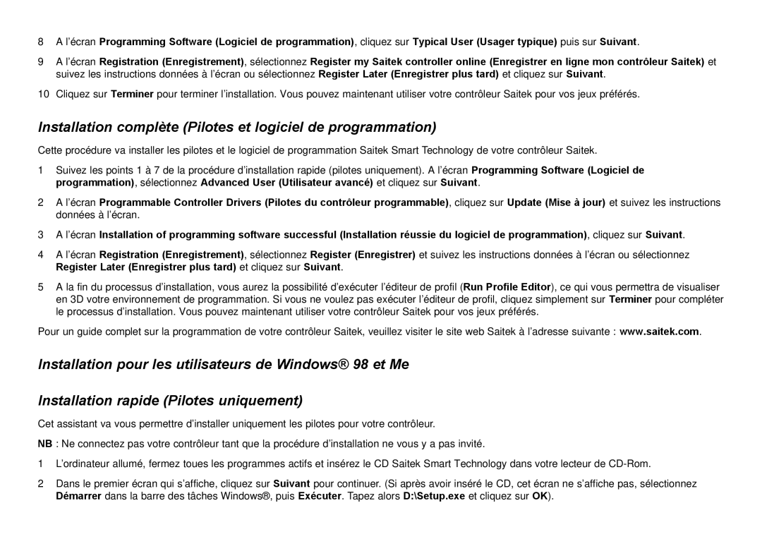 Saitek Cyborg 3D user manual Installation complète Pilotes et logiciel de programmation 