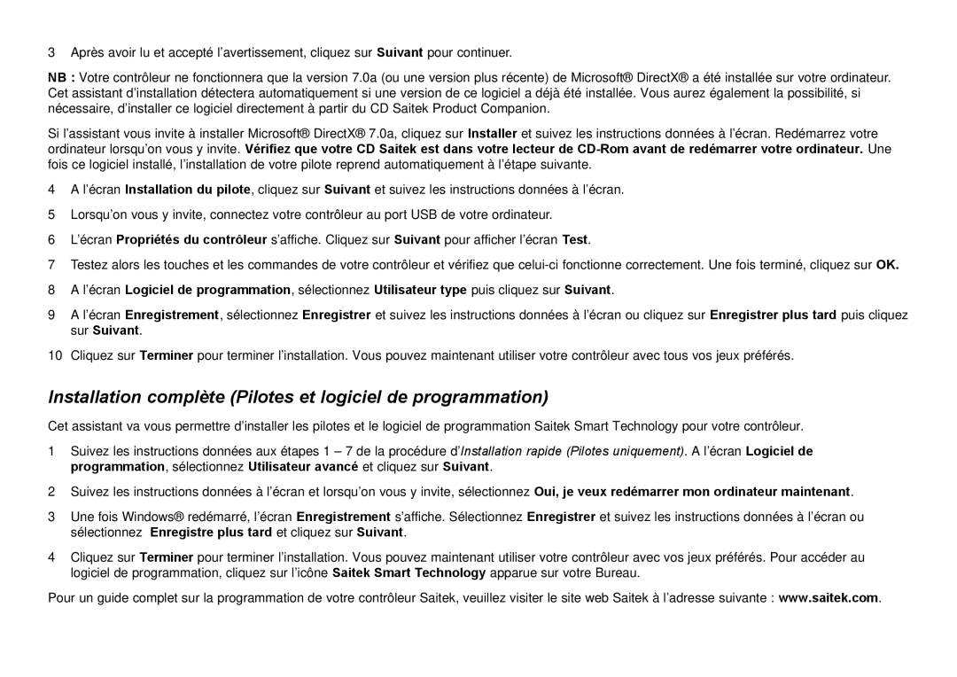 Saitek Cyborg 3D user manual Installation complète Pilotes et logiciel de programmation 