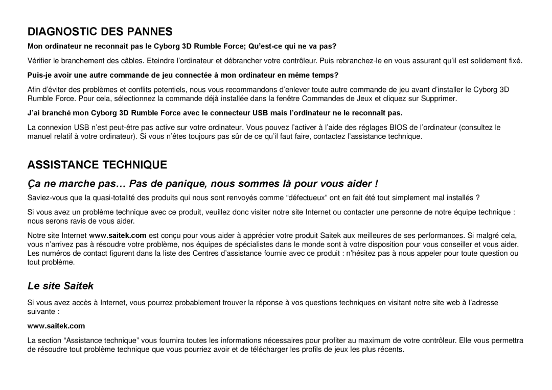 Saitek Cyborg 3D user manual Diagnostic DES Pannes, Assistance Technique, Le site Saitek 