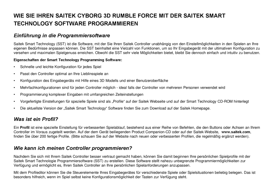 Saitek Cyborg 3D user manual Einführung in die Programmiersoftware, Eigenschaften der Smart Technology Programming Software 