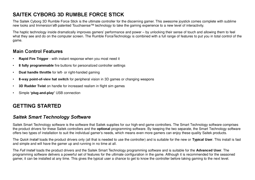 Saitek user manual Saitek Cyborg 3D Rumble Force Stick, Getting Started, Saitek Smart Technology Software 