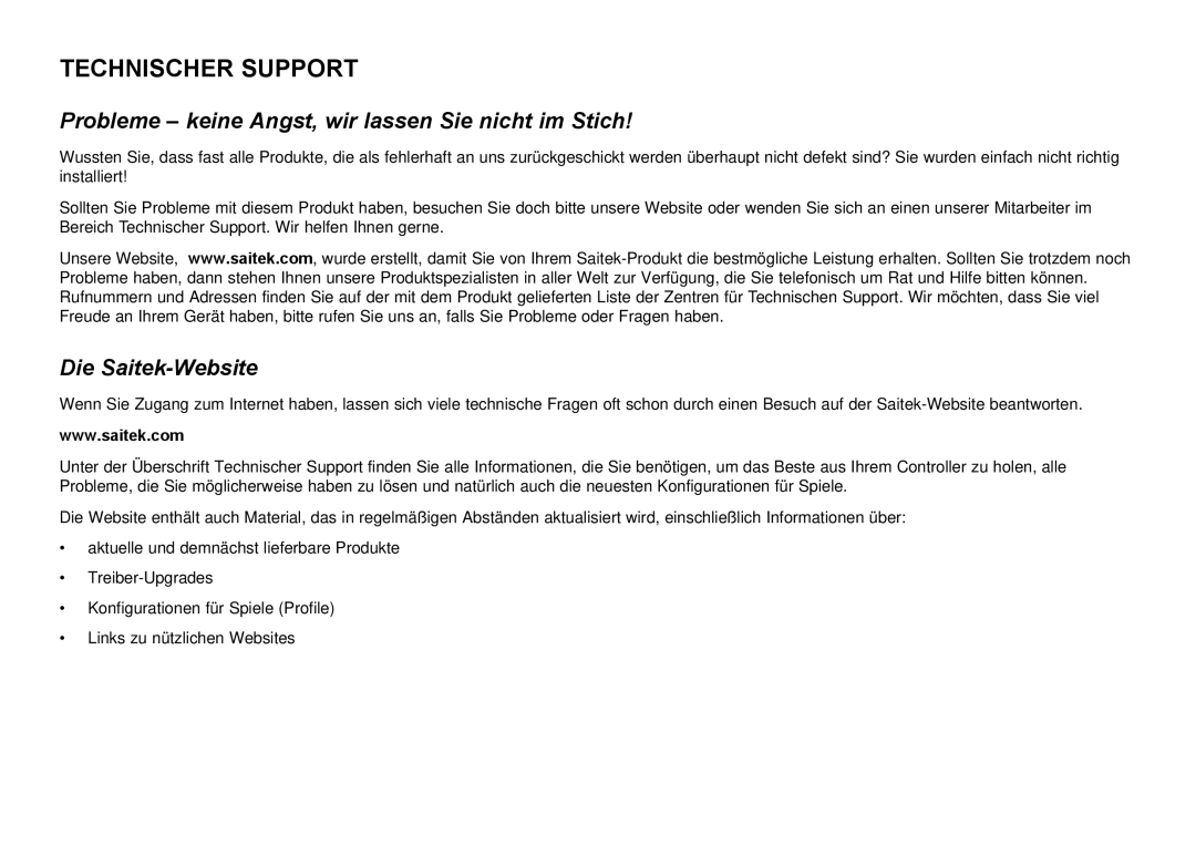 Saitek Cyborg 3D user manual Technischer Support, Probleme keine Angst, wir lassen Sie nicht im Stich, Die Saitek-Website 