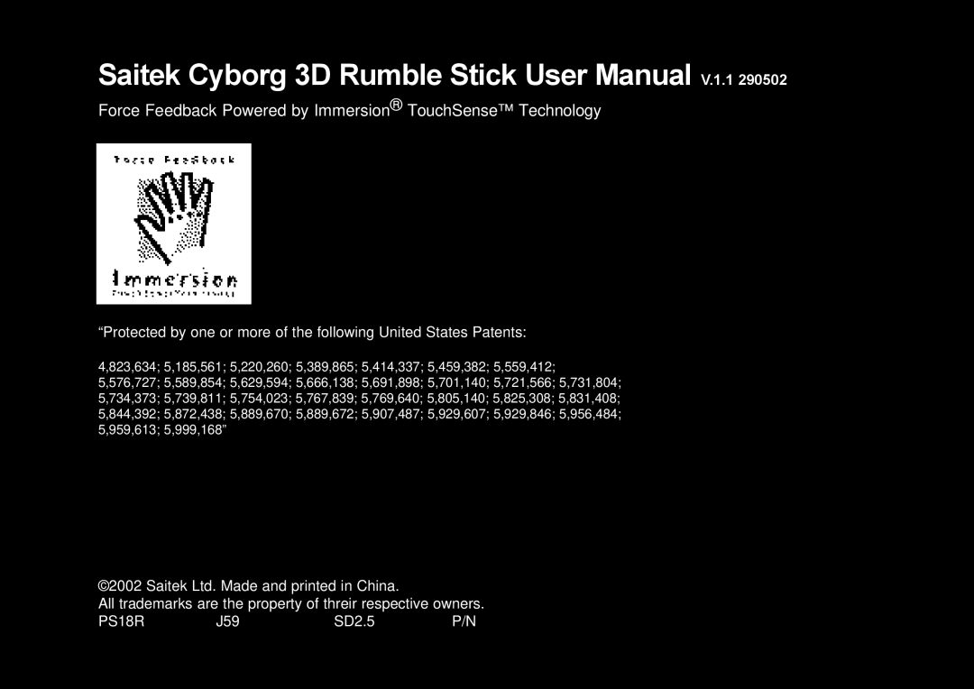 Saitek Cyborg 3D user manual Force Feedback Powered by Immersion TouchSense Technology 