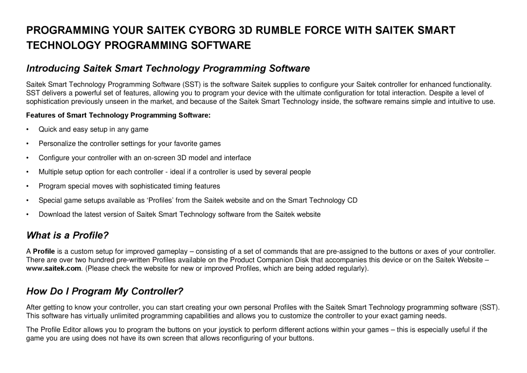 Saitek Cyborg 3D user manual Introducing Saitek Smart Technology Programming Software 