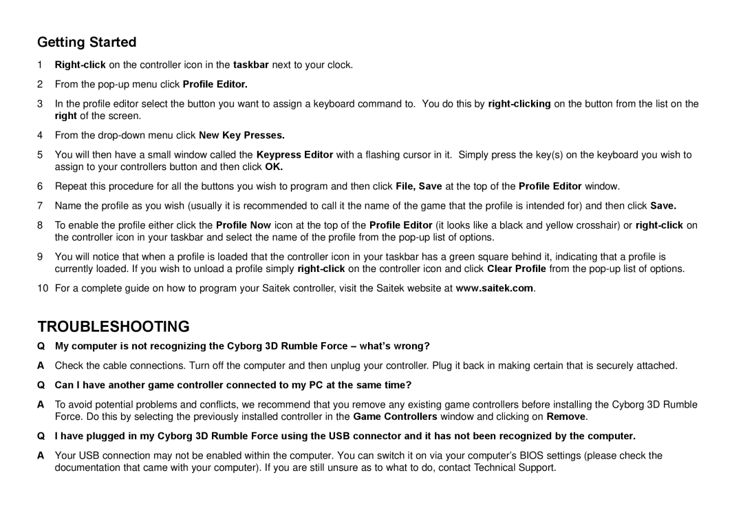 Saitek Cyborg 3D user manual Troubleshooting, Getting Started 