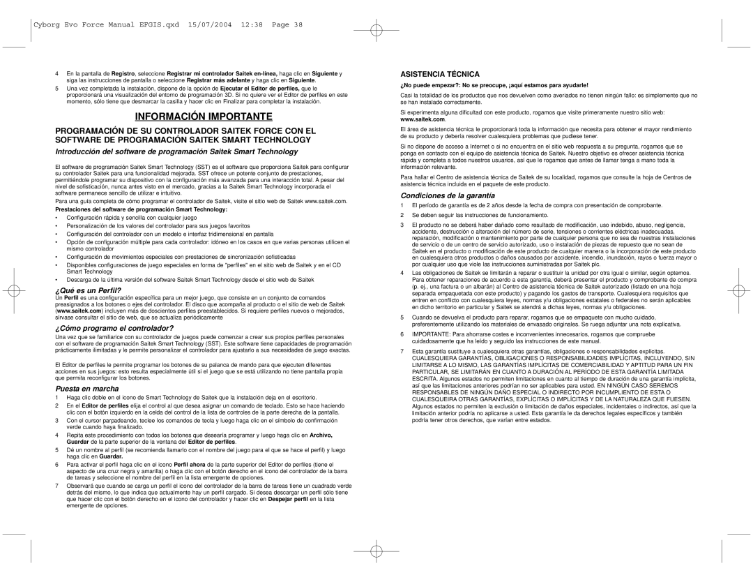 Saitek Cyborg Evo user manual Información Importante, ¿Qué es un Perfil? ¿Cómo programo el controlador?, Puesta en marcha 