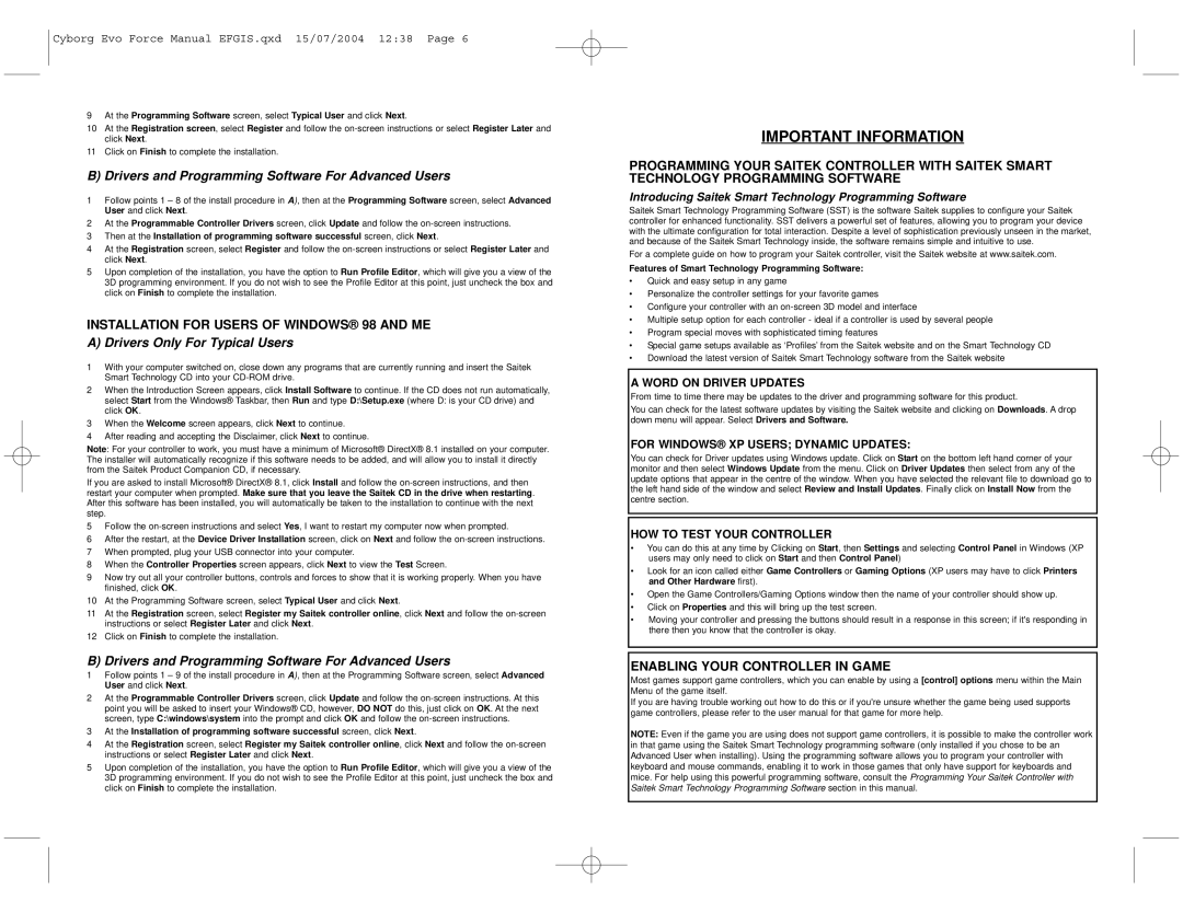 Saitek Cyborg Evo Important Information, Installation for Users of Windows 98 and ME, Enabling Your Controller in Game 