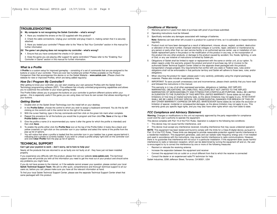 Saitek Cyborg Evo user manual Troubleshooting, Technical Support 