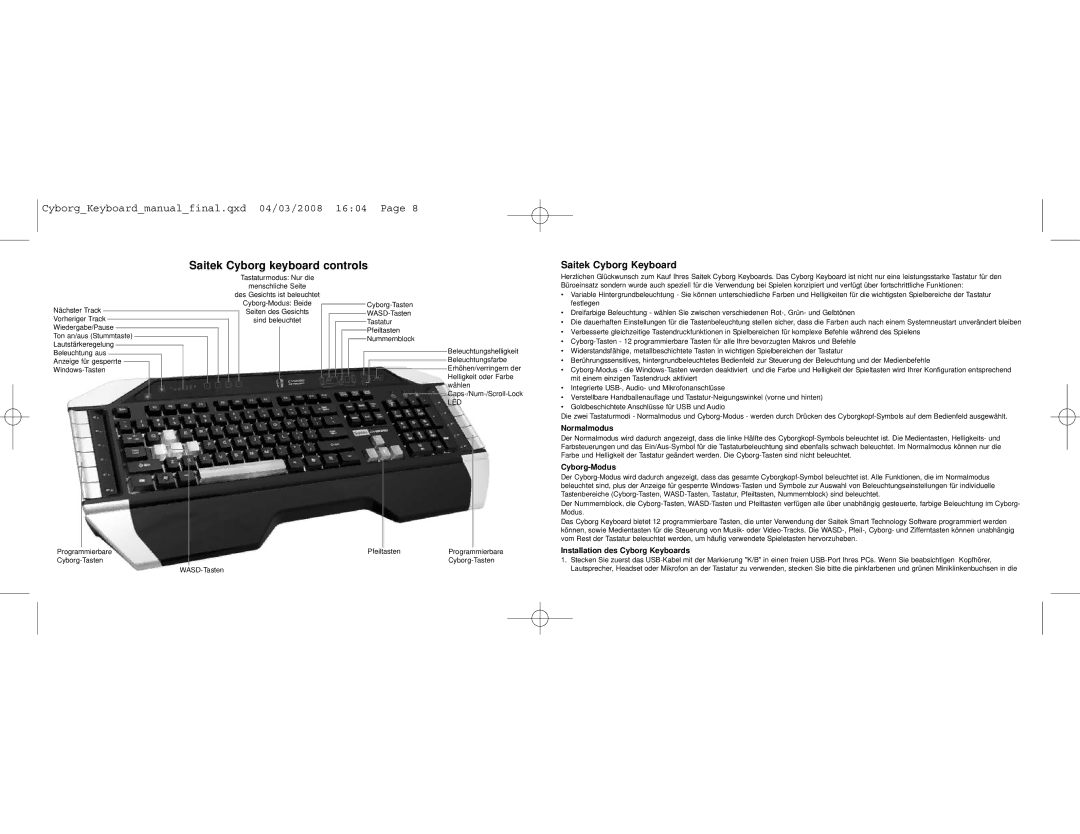 Saitek user manual Normalmodus, Cyborg-Modus, Installation des Cyborg Keyboards 