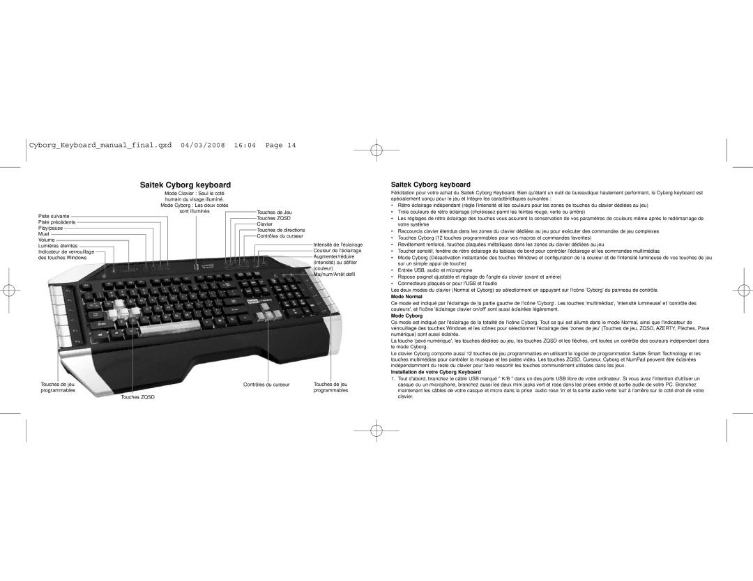 Saitek user manual Saitek Cyborg keyboard, Mode Normal, Mode Cyborg, Installation de votre Cyborg Keyboard 