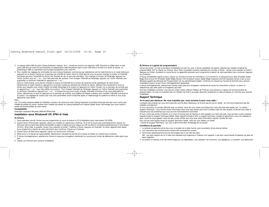 Saitek Cyborg Keyboard user manual Installation sous Windows XP, XP64 et Vista, Support Technique 