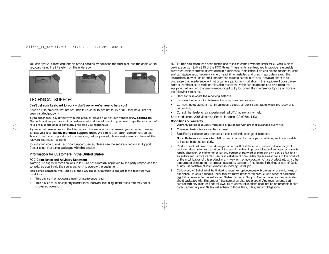 Saitek Eclipse II user manual Information for Customers in the United States, FCC Compliance and Advisory Statement 