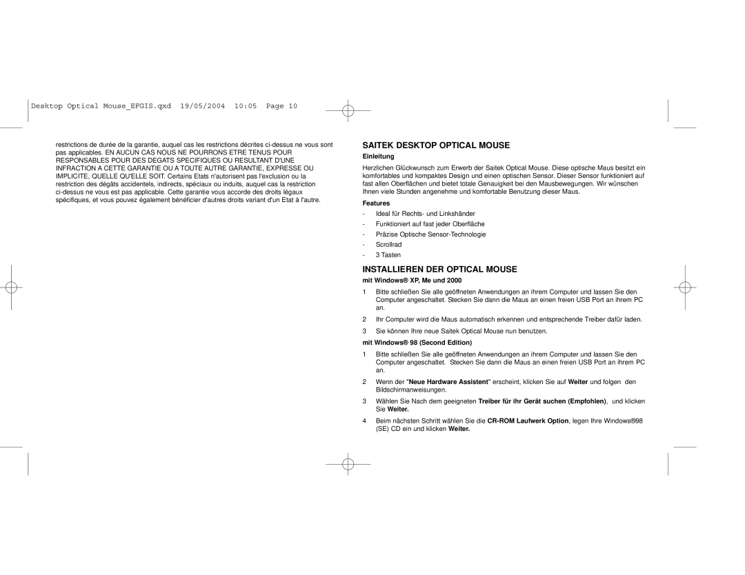 Saitek EFGIS user manual Installieren DER Optical Mouse, Einleitung, Mit Windows XP, Me und, Mit Windows 98 Second Edition 