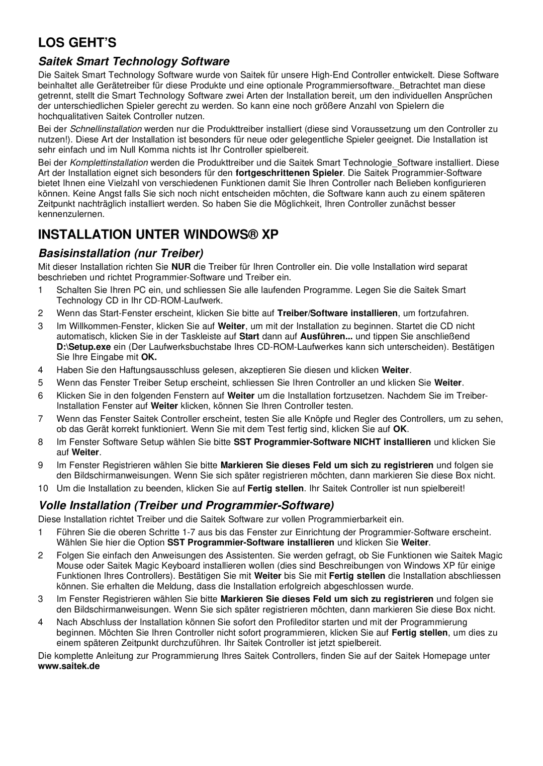 Saitek evo user manual Los Geht’S, Installation Unter Windows XP, Basisinstallation nur Treiber 