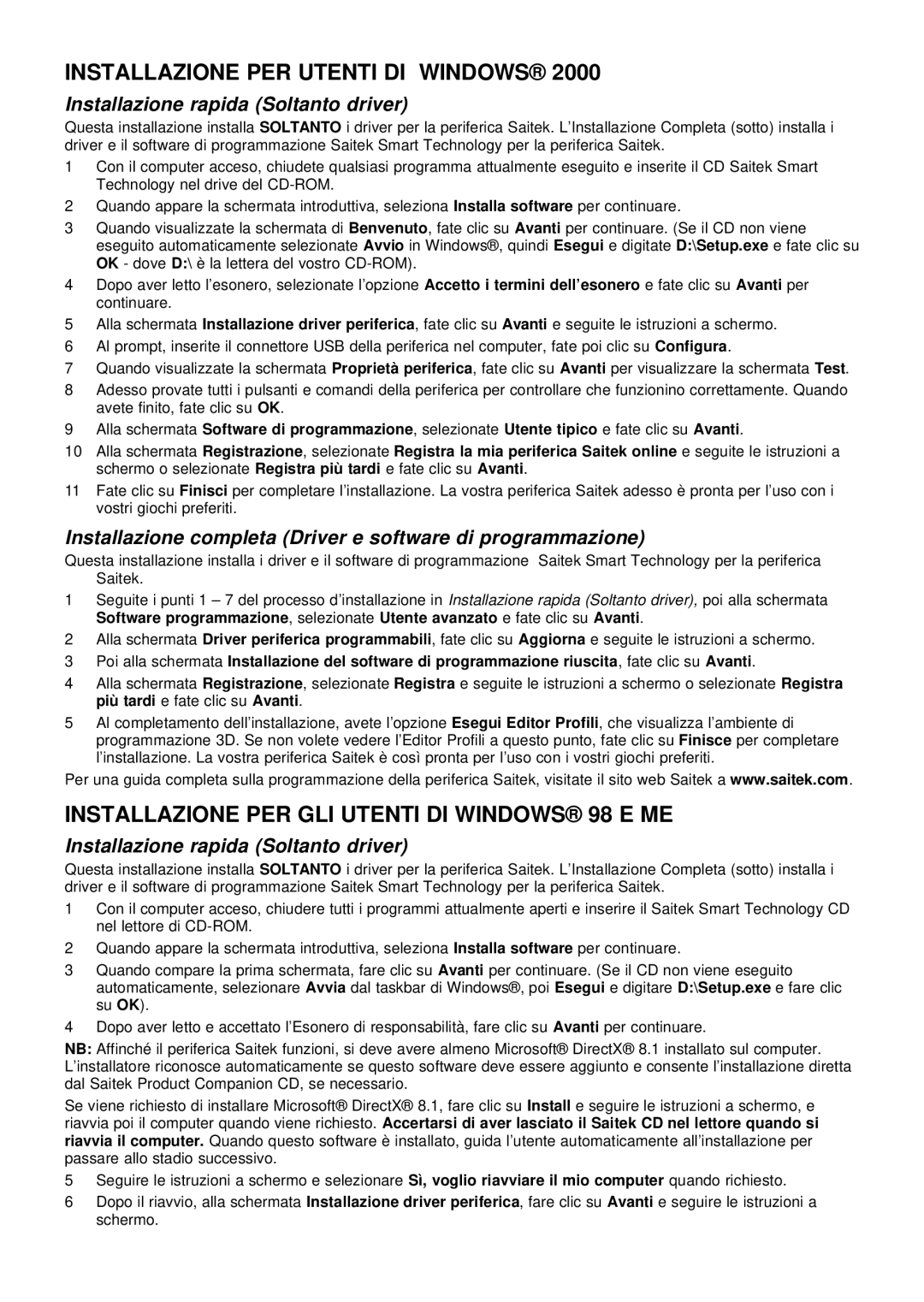 Saitek evo user manual Installazione PER Utenti DI Windows, Installazione PER GLI Utenti DI Windows 98 E ME 