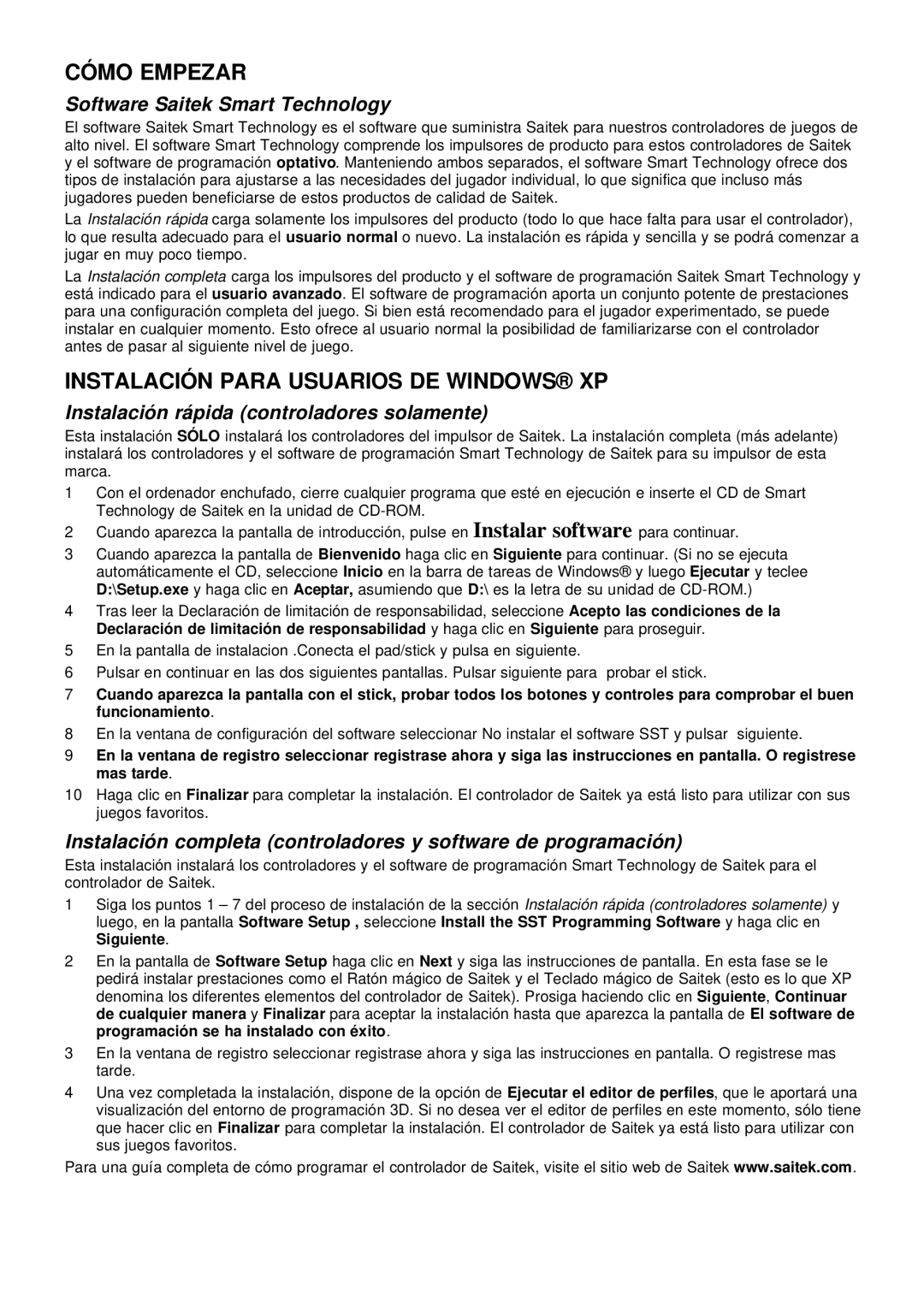 Saitek evo user manual Cómo Empezar, Instalación Para Usuarios DE Windows XP, Instalación rápida controladores solamente 